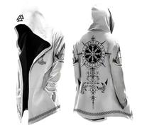 Tinarying Cardigan nordique mythe moyen avec capuche imprimé 3D pour homme - Veste de motard - Printemps été - Costume médiéval pour Halloween, carnaval, cosplay, 3 - Blanc, XXXXL