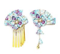 TINAYAUE Barrette Japonaise Set Barrette en Tissu Éventail + Noeud Pompon Long | Accessoires Kimono Style Chic pour Mariage, Cérémonie, Soirée et Festival d’Été