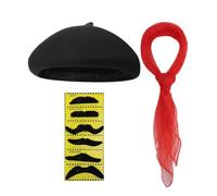TINAYAUE Ensemble Déguisement Béret Accessoire Soirée à Thème, Set Carnaval | Béret Français, foulard rouge et 6 moustaches autocollantes, années 1950, kit mime d'artiste pour cosplay, fête à thème