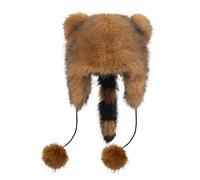 TINAYAUE Mignon bonnet en peluche raton laveur épais bonnet d'hiver doux raton laveur avec queue chaud bonnet en fausse fourrure bonnet chauffe-oreilles coupe-vent chapeau plat pour adultes et enfants