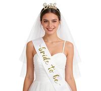 TINAYAUE Set Complet EVJF "Bride to Be" - Voile Court + Bandeau "Bride" Strassé + Écharpe, Accessoires pour Enterrement de Vie de Jeune Fille, Mariage, Photos (Lettre Or)
