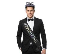 TINAYAUE Set Roi du Bal - Couronne "KING" Strassée + Écharpe "PROM KING", Kit Accessoire pour Homme, Bal de Fin d'Études, Soirée, Anniversaire, Déguisement