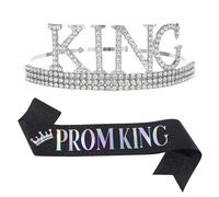 TINAYAUE Set Roi du Bal - Couronne "KING" Strassée + Écharpe "PROM KING", Kit Accessoire pour Homme, Bal de Fin d'Études, Soirée, Anniversaire, Déguisement