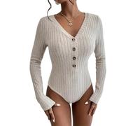 tinbarry Body Femme Manches Longues Élégant Basique Tricoté Côtelé Body Hauts Combinaison Serré Col en V Col Roulé Col Rond Moulante Une Pièce Combinaison Haut Chemise À Manches Longues