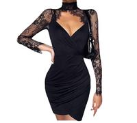 tinbarry Femme Robe Dentelle Robe de Soirée Mini Robe de Cocktail Taille Haute Robe Courte en Maille Robe Moulante Col en V Robe Portefeuille élégante Robe Crayon Rétro