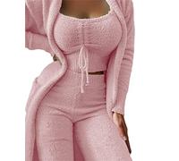 tinbarry Pyjama 3 pièces en Polaire pour Femme - Ensemble 3 pièces Chaud en Peluche - Cardigan - Manteau Court - Débardeur et Pantalon Taille Haute - Vêtements de détente