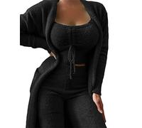 tinbarry Pyjama 3 pièces en Polaire pour Femme - Ensemble 3 pièces Chaud en Peluche - Cardigan - Manteau Court - Débardeur et Pantalon Taille Haute - Vêtements de détente