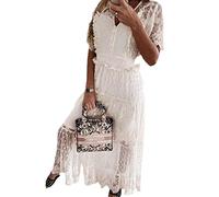 tinbarry Robe d'été Blanche Robes de Plage en Dentelle pour Femmes sans Manches col en v été Maxi Robes Boho Longue Robe d'été élégante Robe