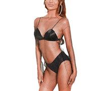 tinbarry Robe en Maille pour Femme Strass Voir à Travers Résille Bikini Cover Up Hollow Out Festival Noir Transparent Robes de Plage Slip Dress Streetwear Clubwear