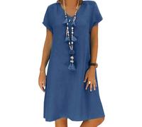 Tincini Robe d'été décontractée en lin pour femme - Col en V - Manches courtes - Ligne A - Sans accessoires, A bleu, 3XL
