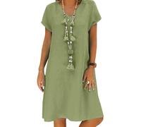 Tincini Robe pour Femme Robe d'été en Lin Robe décontractée à col en V Robe Midi à Manches Courtes Robe à Ligne en A Robe Tunique pour Le Soleil sans Accessoires(A Vert, M)