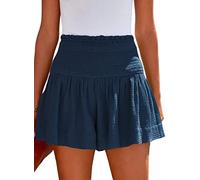 Tincini Short d'été pour femme - En coton élastique - Taille haute - Décontracté - Volants - Short de plage - Couleur unie - Pour les loisirs, bleu marine, XS