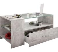 Tindala Table basse avec plateau en verre, 1 tiroir, 3 petits espaces de rangement, aspect béton.