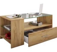 Tindala Table basse avec plateau en verre, 1 tiroir, 3 petits espaces de rangement, imitation chêne miel.