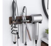 Tindbea Support Seche Cheveux, Support pour Fer à Boucler et Fer Plat, Support Mural pour Sèche-Cheveux, Support 3 en 1 pour Sèche-Cheveux Universel dans la Salle de Bains, Noyer Noir Mat