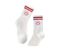 Tindo Paire de chaussettes blanches avec motif smiley drôle et folle pour hommes et femmes Chaussettes cadeaux unisexe Taille unique 36-43 Chaussettes d'équipage 1 paire, Rouge Smilie, 36-43