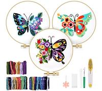 TINDTOP Lot de 3 kits d'entraînement au point de broderie, kit de broderie papillon et fleur pour débutants avec cerceaux en tissu, fils pour amateurs d'artisanat, point à la main avec techniques de