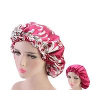 TINEASUR Lot de 2 Bonnets de Nuit en Satin Double Couche Large Bord, Taille Ajustable par Cordon de Serrage, Couleurs Rouge Foncé et Vert Imprimé, pour Femmes, Protection Cheveux Pendant