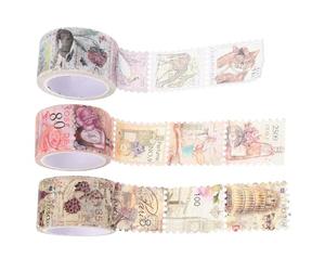 TINEASUR Rubans Adhésifs pour Scrapbooking Vintage 25 Mm X 5 M, Lot de 3 Rouleaux de Masking Tape Décoratif à Motifs de Timbres Rétro pour Journal Intime, Loisirs Créatifs Style Aléatoire