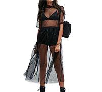 tinetill Robe de Plage en Femme Robe Transparente Voir à Travers Bikini Cover Up Manches Courtes Col Rond Chemise en Summer Beach Poncho Beachwear Party Clubwear