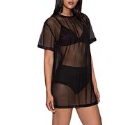 tinetill Robe de Plage en Femme Robe Transparente Voir à Travers Bikini Cover Up Manches Courtes Col Rond Chemise en Summer Beach Poncho Beachwear Party Clubwear