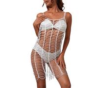 tinetill Robe de Plage en Maille pour Femme Strass Voir à Travers la Robe en résille Bikini Cover Up Rave Festival Robe Transparente Noire Slip Dress Streetwear Clubwear