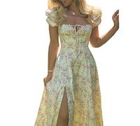 tinetill Robe D'été Femmes Robes Dos Nu Floral Bustier Robe D'été Taille Haute Longue Robe De Plage Manches Bouffantes Robe Boho Cordon Maxi Robe avec Fente