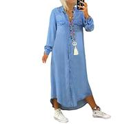 tinetill Robe en Jean Robe d'été pour Femme Col en V Manches Longues Jeans Robes Plaine Robe trapèze Boho Casual Loose Denim Dress Tunique Chemise Blouse Robe