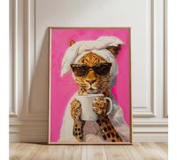 TINGGATG Affiche Murale Décorative Sur Toile Représentant Un Léopard Buvant Un Café Le Matin Colorée Et Dopamine Pour Salon Chambre Bureau Décoration D'Intérieur 50X70Cm