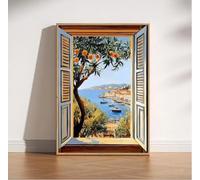 TINGGATG Impression Sur Fenêtre Ouverte Œuvre D'Art Moderne Thème De L'Oranger De La Mer Méditerranée Pour Salon Chambre Salle D'Étude Bureau Décoration Intérieure 50X70Cm