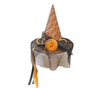 TingHaoO Chapeau de sorcière à fleurs avec voile 33 cm de haut pointu pour femme, bal masqué, cosplay, Halloween, accessoire de costume d'Halloween pour femme avec fleur