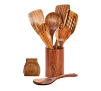 TingHaoO Ensemble d'outils de service en bois 9 pièces avec spatule fendue à long manche et pelle de cuisson pour une utilisation quotidienne