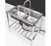 TINGMIAN Évier Autoportant Acier Inoxydable Grand Évier Commercial 2 Bacs avec Robinets D'eau Chaude Et Froide, Idéal for Café, Bar, Hôtel, Garage, Buanderie