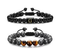 TINGN 2 Pièces Bracelet Initiales pour Homme, 8 mm Oeil de Tigre Roche de Lave Obsidienne Pierre pour Homme Réglable Perles Bracelets pour Homme Lettre Significative Bracelet Cadeau (G)