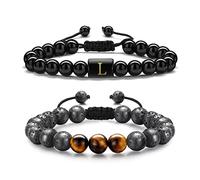 TINGN 2 Pièces Bracelet Initiales pour Homme, 8 mm Oeil de Tigre Roche de Lave Obsidienne Pierre Réglable Perles Bracelets Lettre Significative Cadeau (L)