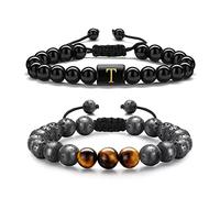 TINGN 2 Pièces Bracelets de Perles Initiales pour Homme, 8MM en Pierre de Lave en œil de Tigre avec Lettre en Obsidienne Yoga Bracelet de Perles Réglables pour Homme et Femme (T)