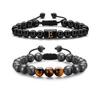 TINGN 2 Pièces Bracelets de Perles Initiales pour Homme, 8MM en Pierre de Lave en œil de Tigre avec Lettre en Obsidienne Yoga Bracelet de Perles Réglables pour Homme et Femme (E)