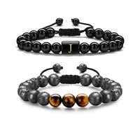 TINGN 2 Pièces Bracelets de Perles Initiales pour Homme, 8MM en Pierre de Lave en œil de Tigre avec Lettre en Obsidienne Yoga Bracelet de Perles Réglables pour Homme et Femme (J)