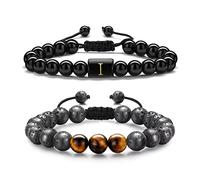 TINGN 2 Pièces Bracelets en Oeil de Tigre pour Homme, 8mm en Pierre Naturelle Bracelet en Obsidienne Initiale Oeil de Tigre Bracelets en Perles de Lave de Yoga Cadeaux d'anniversaire pour Homme (I)