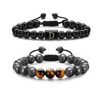 TINGN 2 Pièces Bracelets en Oeil de Tigre pour Homme, 8mm en Pierre Naturelle Bracelet en Obsidienne Initiale Oeil de Tigre Bracelets en Perles de Lave de Yoga Cadeaux d'anniversaire pour Homme (D)