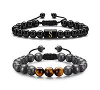 TINGN 2 Pièces Bracelets en Oeil de Tigre pour Homme, 8mm en Pierre Naturelle Bracelet en Obsidienne Initiale Oeil de Tigre Bracelets en Perles de Lave de Yoga Cadeaux d'anniversaire pour Homme (S)