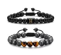 TINGN 2 Pièces Bracelets pour homme Oeil de Tigre, Pierre Naturelle de 8mm pour Homme Bracelet en Obsidienne Initiale Oeil de Tigre de Perles de Roche de Lave Bracelets Cadeaux pour Homme (H)