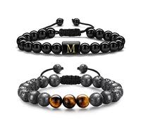 TINGN 2 Pièces Bracelets pour homme Oeil de Tigre, Pierre Naturelle de 8mm pour Homme Bracelet en Obsidienne Initiale Oeil de Tigre de Perles de Roche de Lave Bracelets Cadeaux pour Homme (M)