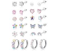 TINGN Boucles d'oreilles créoles hypoallergéniques pour filles et femmes en acier inoxydable chirurgical avec fermoir à vis pour oreilles sensibles, joli cœur en oxyde de zirconium, fleur, boule de