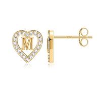 TINGN Boucles d'oreilles en forme de lettre pour fille - Plaqué or 14 carats - En forme de cœur - Sans nickel - Avec zircone - Cadeau pour fille et femme, Laiton Argent sterling, Zircone cubique