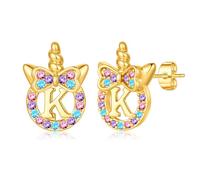 TINGN Boucles d'oreilles licorne pour filles - Argent 925 hypoallergénique - Zircon arc-en-ciel coloré - Boucles d'oreilles avec lettres en or - Bijoux licorne - Cadeau pour fille de 5 à 12 ans