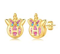TINGN Boucles d'oreilles licorne pour filles - Argent 925 hypoallergénique - Zircon arc-en-ciel coloré - Boucles d'oreilles avec lettres en or - Bijoux licorne - Cadeau pour fille de 5 à 12 ans