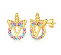 TINGN Boucles d'oreilles licorne pour filles - Argent 925 hypoallergénique - Zircon arc-en-ciel coloré - Boucles d'oreilles avec lettres en or - Bijoux licorne - Cadeau pour fille de 5 à 12 ans