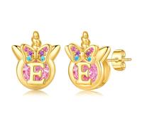 TINGN Boucles d'oreilles licorne pour filles - Argent 925 hypoallergénique - Zircon arc-en-ciel coloré - Boucles d'oreilles avec lettres en or - Bijoux licorne - Cadeau pour fille de 5 à 12 ans
