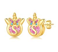 TINGN Boucles d'oreilles licorne pour filles - Argent 925 hypoallergénique - Zircon arc-en-ciel coloré - Boucles d'oreilles avec lettres en or - Bijoux licorne - Cadeau pour fille de 5 à 12 ans